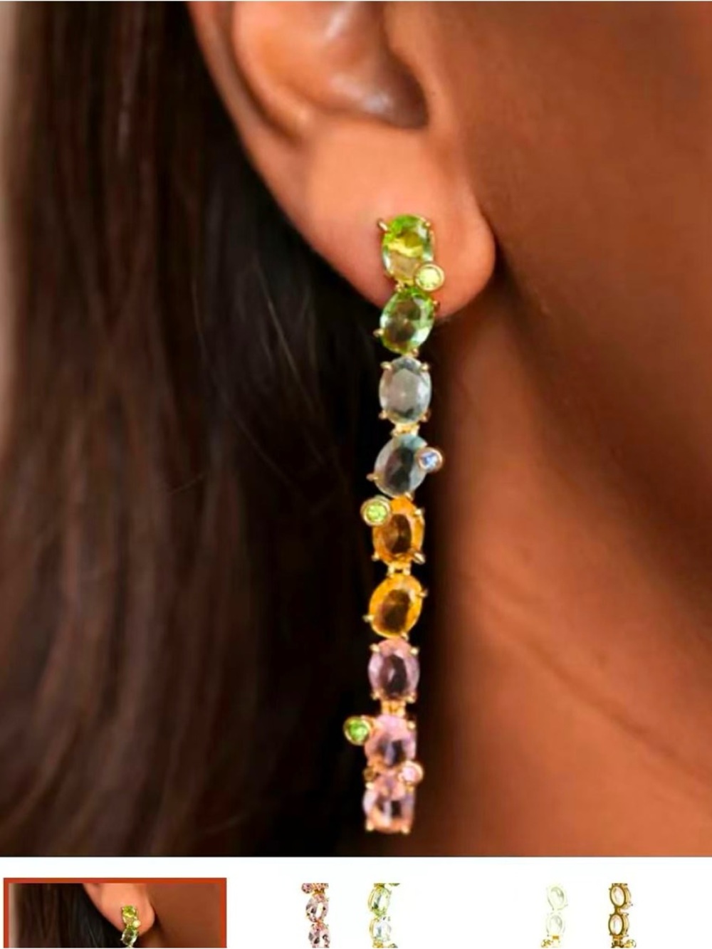 Gold Multi-Gem Drop - Green Multi Color Crystals Spectrum Fall Earrings